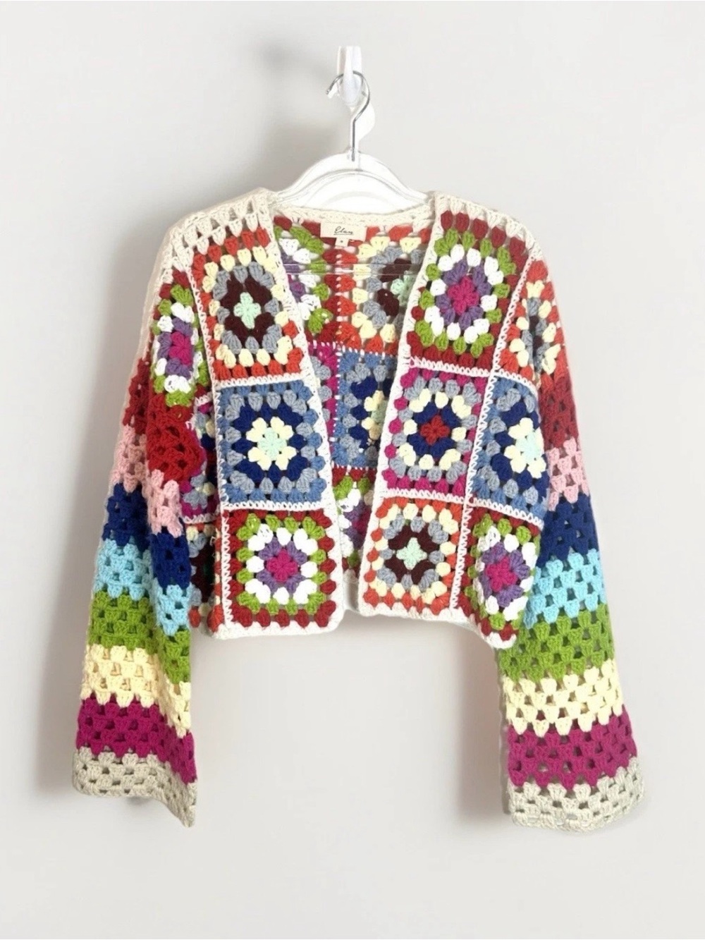 Elan Crochet Cardigan Patchwork Granny Square Womens S Rainbow  Boho Cottagecore